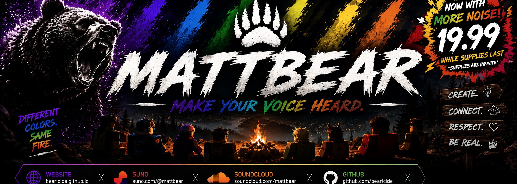 MATTBEAR Bearicide Productions banner with colorful bear artwork, links, music routes, and community values